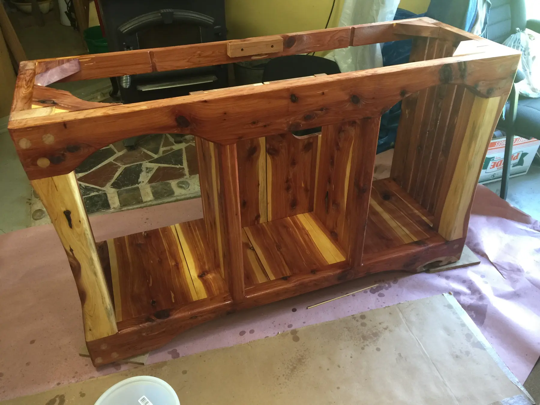 Custom cedar double-vanity cabinet during construction