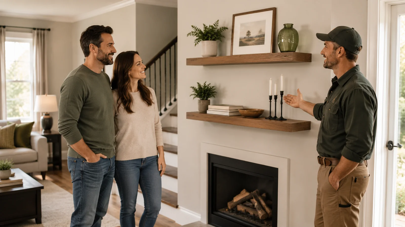 Handyman speaking with happy homeowners in a finished living space
