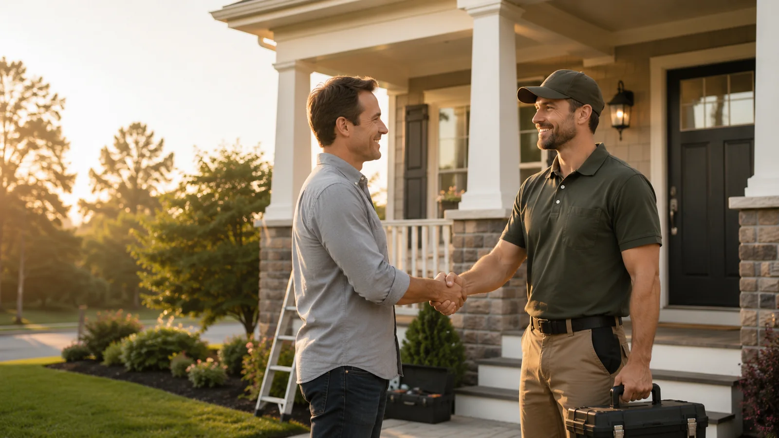 Happy homeowner shaking hands with a handyman after a successful project