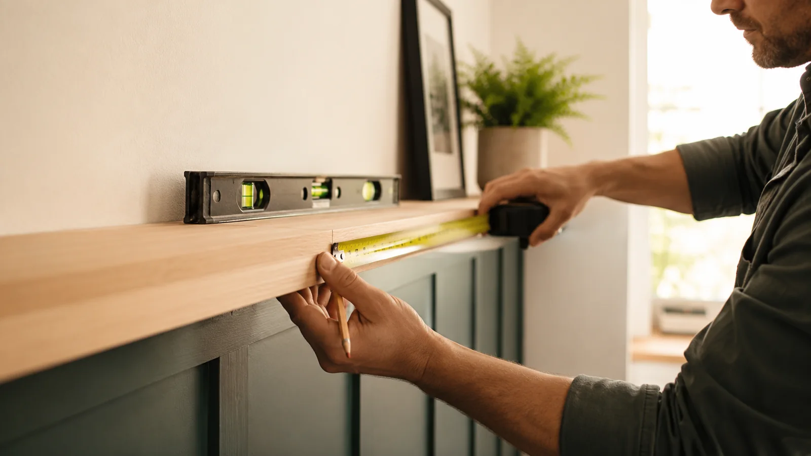 Close-up of measuring and installing a wood shelf