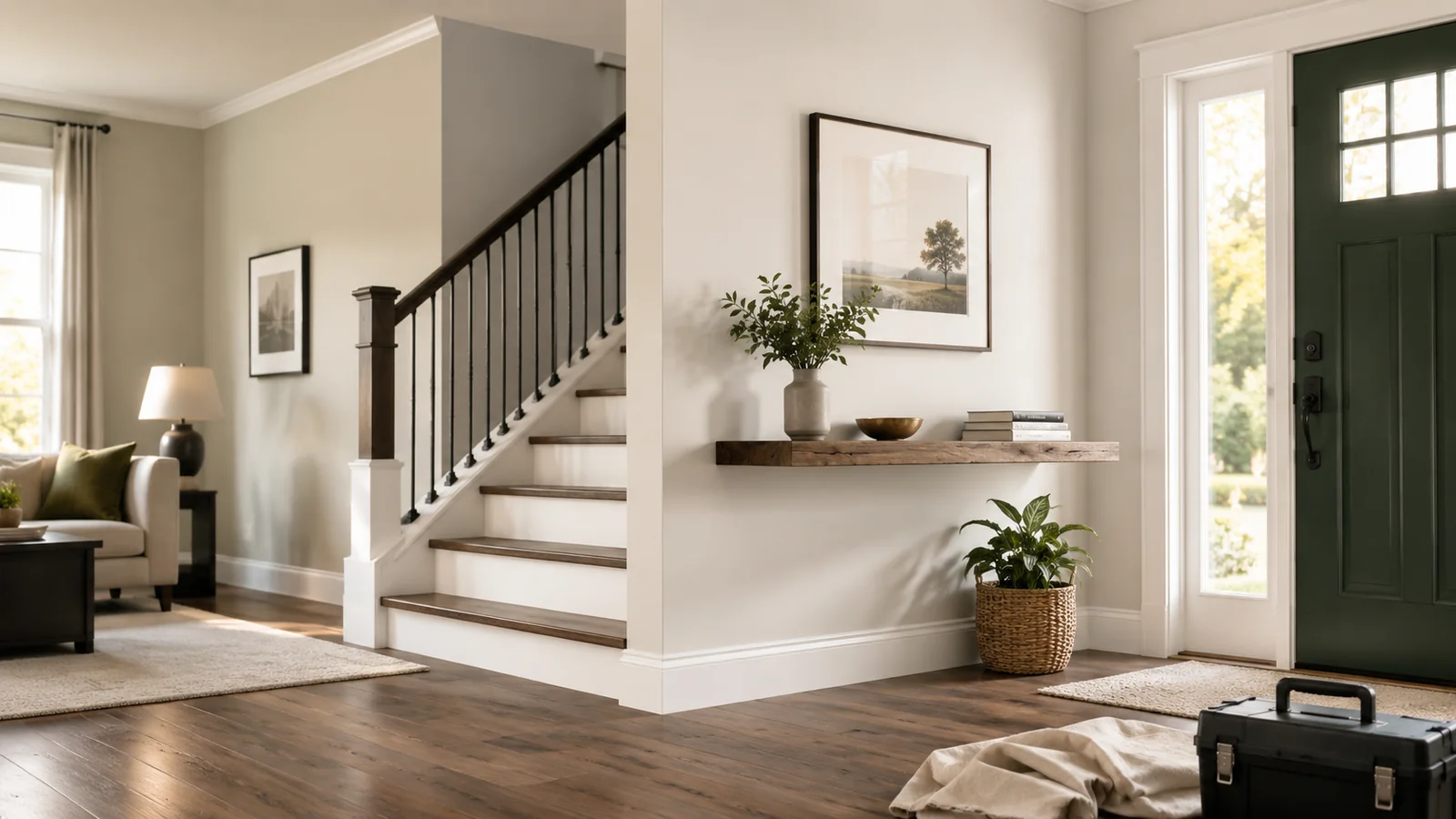 Clean updated home interior with finished trim and shelving