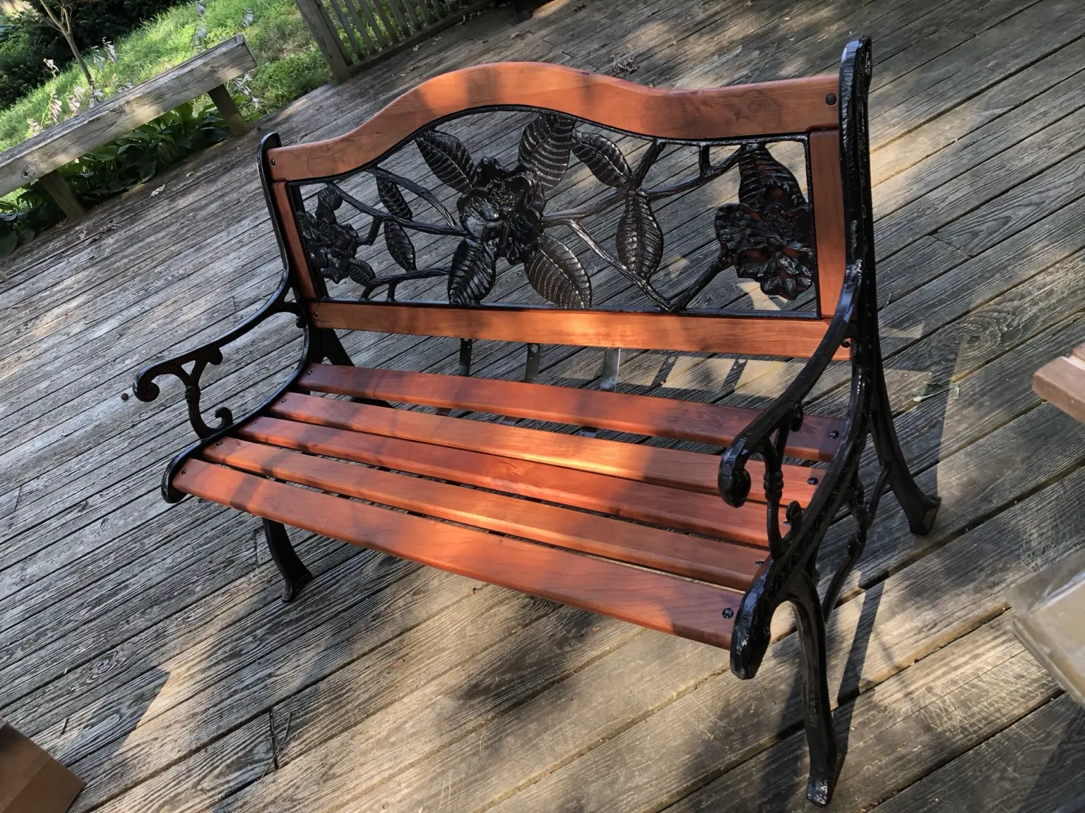 Restored garden bench photographed outdoors