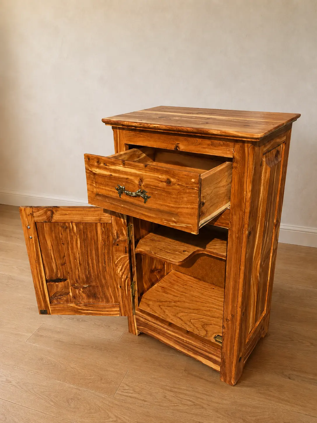 Handcrafted cedar cabinet with open drawer, door and interior shelves