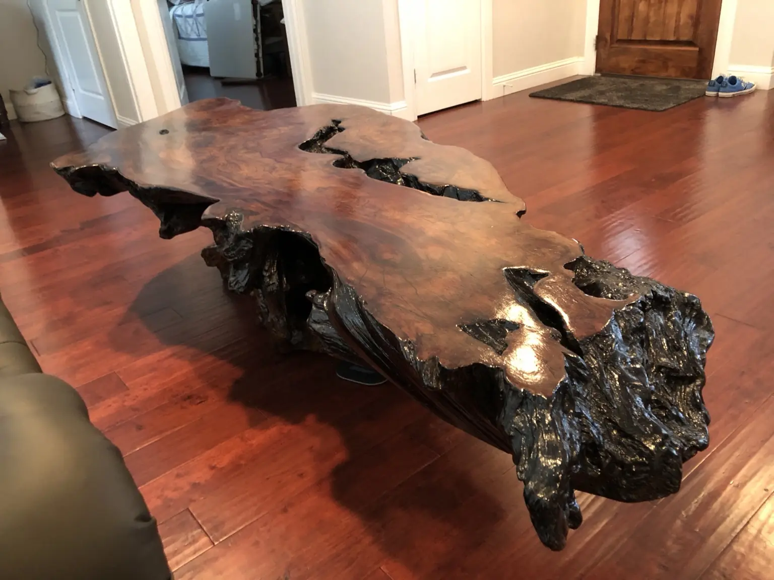Angled view of a restored live-edge coffee table