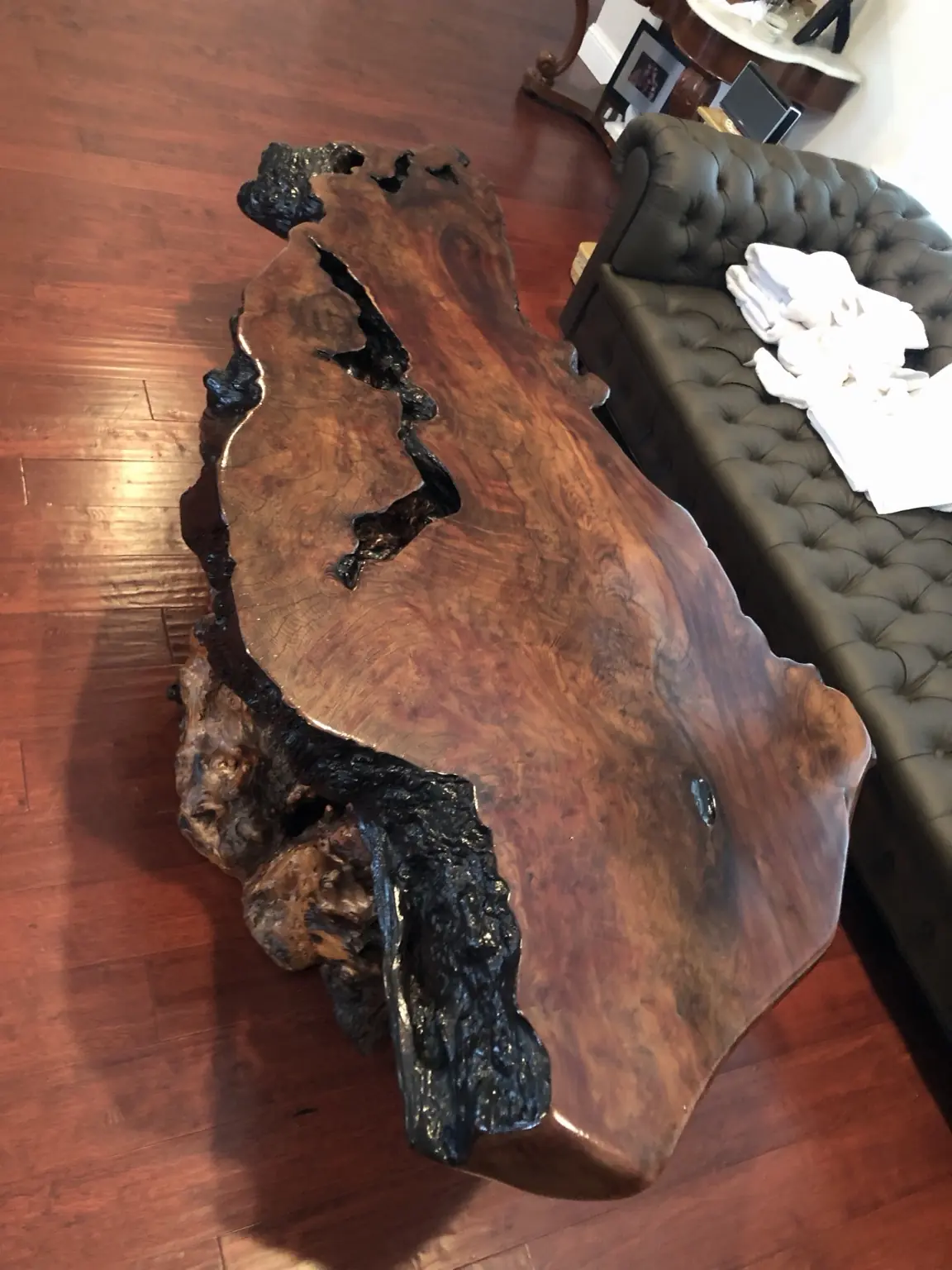 Top view of a restored live-edge coffee table