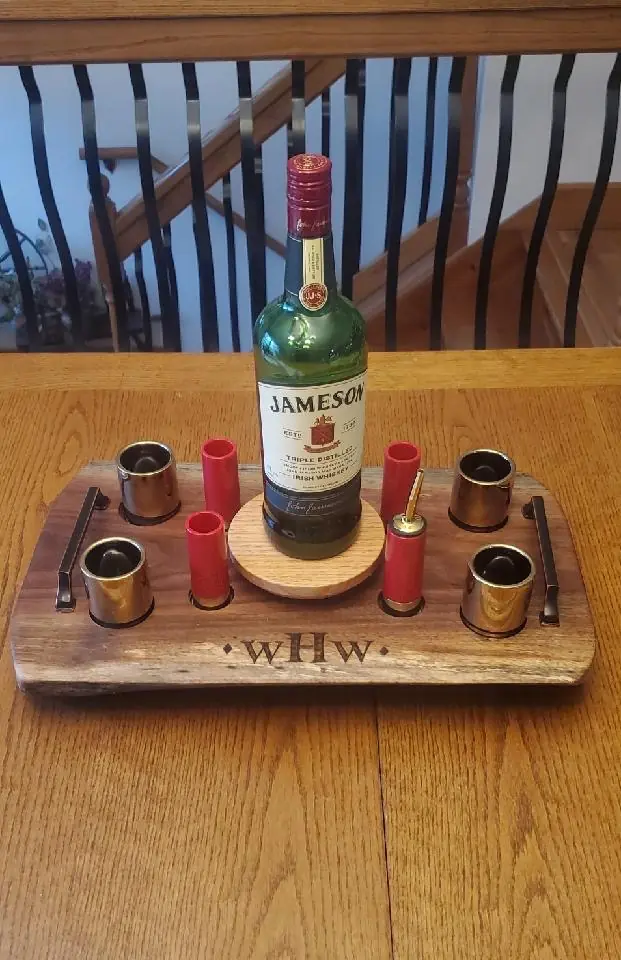 Personalized wooden drink and shot-glass serving tray